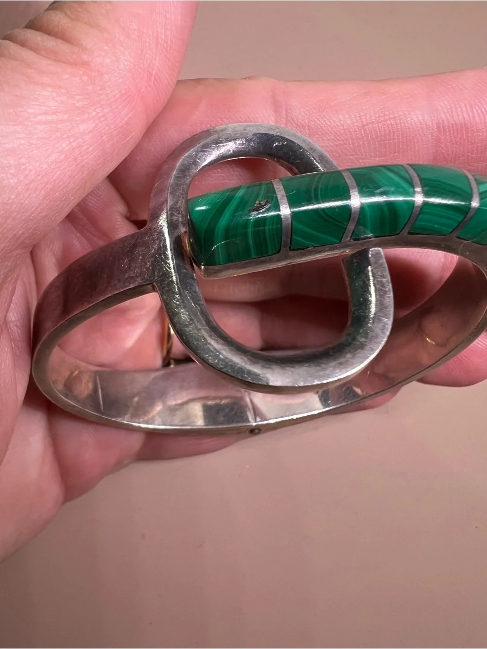 950 Silver Cuff Bracelet with Green Malachite Inlay